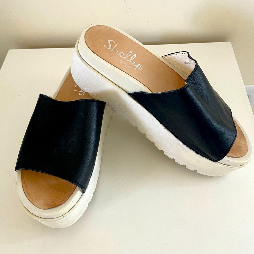 Shellys London Black and White Platform Mules Leather Sandals size 36 US 5.5 -6